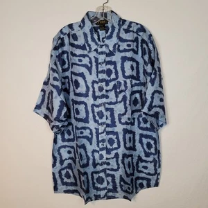 Vintage PURE Mens L 100% Silk Shirt Blue Geometric Button Up Short Sleeve NWOT - Picture 1 of 9