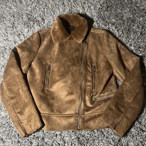 Lauren Ralph Lauren Faux Suede Moto Jacket Women's M Brown Asymmetrical Zip EUC - Picture 1 of 24