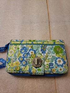 vera bradley wallet turn lock Blue With Flowers Green And Yellow - Picture 1 of 4