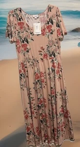 NWT Lularoe Riley Large Pink Floral Roses Slinky Empire Waist Midi Dress - Picture 1 of 8