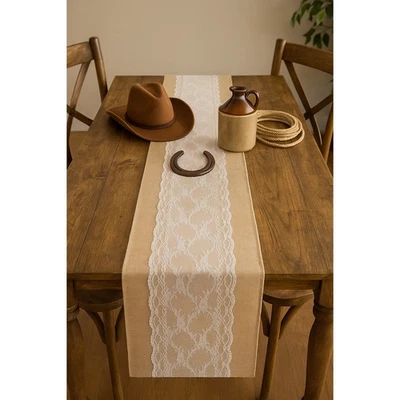 "Corredor de mesa de 108"" de arpillera y encaje" Foto 1 de 4