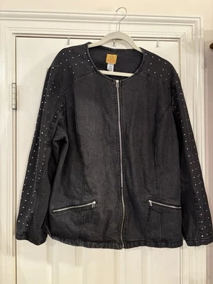 Ruby Rd Black Sparkle Denim Jean Zip Up Jacket Rhinestone Womens Size 24W - Image 1 of 4