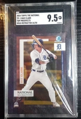 POP 1! SGC 9,5 como nuevo + 2024 Bowman cromo NSCC refractor de oro Max Clark RC SP #/50 Foto 1 de 4