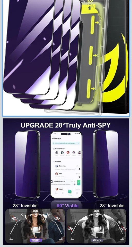 Protector de pantalla de privacidad de vidrio templado WSKEN iPhone 15 Pro paquete de 4 bandejas de instalación  Foto 1 de 3