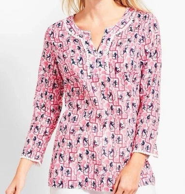 Talbots Women's Monkey Print Long Sleeve Blouse Size XL Pink Cotton Top - Image 1 of 4