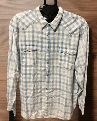 Lucky Brand Mens 2X Blue White Plaid Linen Shirt Classic Fit Pearl Snap Western - Image 1 of 4