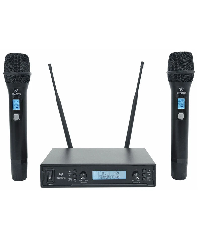 Rockville Dual UHF 15-Ch sistema microfono karaoke vocale wireless portatile in metallo - Immagine 1 di 1