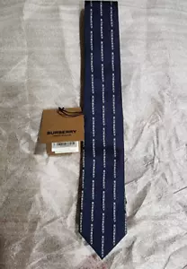 NWT Burberry Logo Pinstriped Necktie Navy Color - Picture 1 of 8