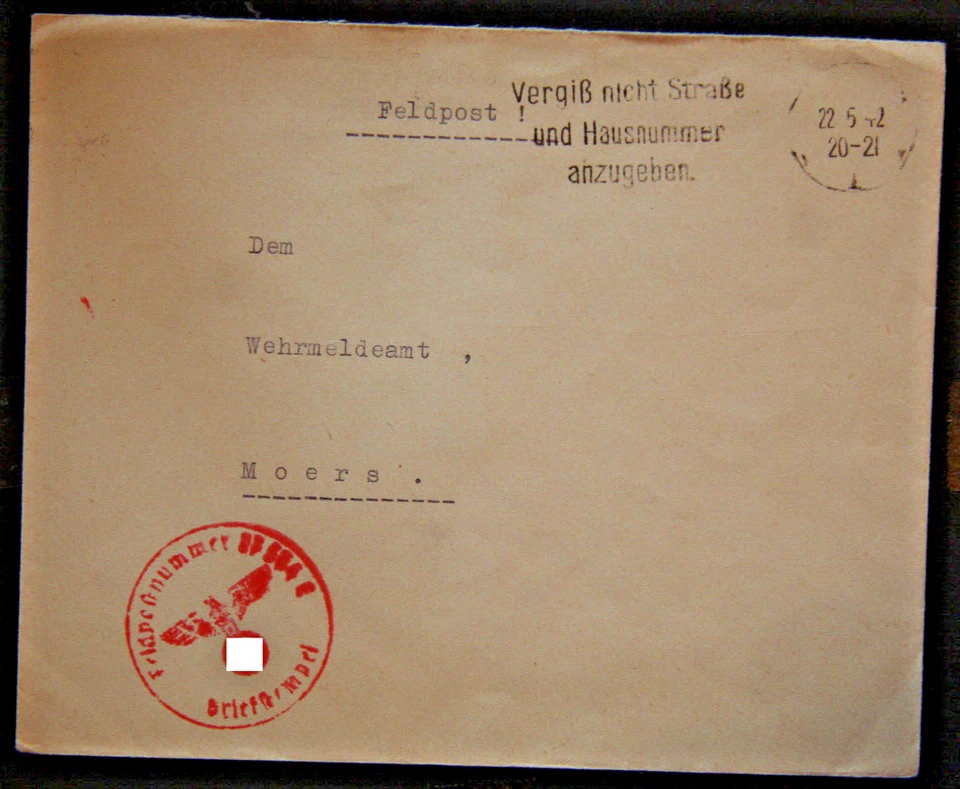 DR Feldpost II. WK Brief aptierter Werbestempel stumm nach Moers BS rot  (19-29) - Bild 1 von 1