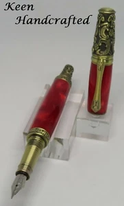 mb - Keen Handcrafted Plush Red Victorian Antique Brass Gold Fountain Pen - Picture 1 of 6