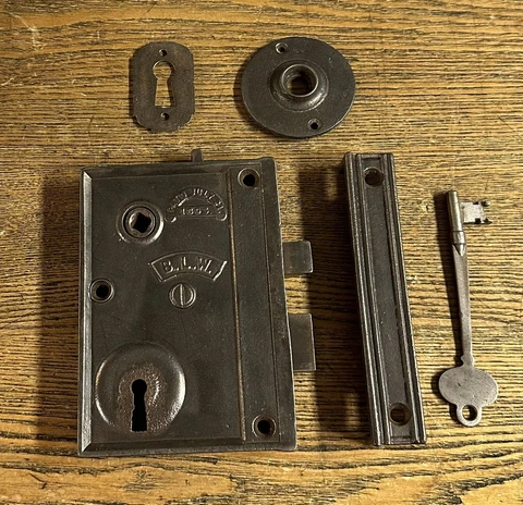 Large Antique Pat 1863 Civil War Era Rim Lock, Key, Rosette & Key Esc Cover