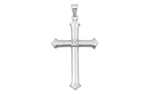 925 Sterling Silver Latin Cross Pendant - CZ Center - 32 MM - Picture 1 of 4