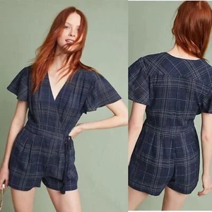 Anthropologie Kate Wrap Front Navy Plaid Romper by Greylin SZ XS NWT - Picture 1 of 11