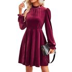 Stylish Velvet ALine Dress for Women Long Sleeve Solid Color Waist Dress