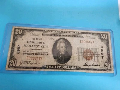 1929 $20 Union National Bank MAHANOY CITY PA National Currency  CH# 3997 - Image 1 of 3