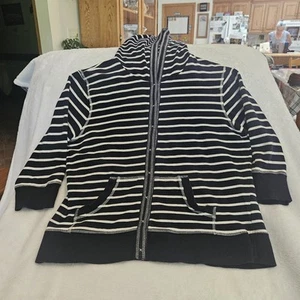 Onque Casuals Women's Large Navy/White Elbow Length Sleeve Hooded Cardigan - Picture 1 of 11