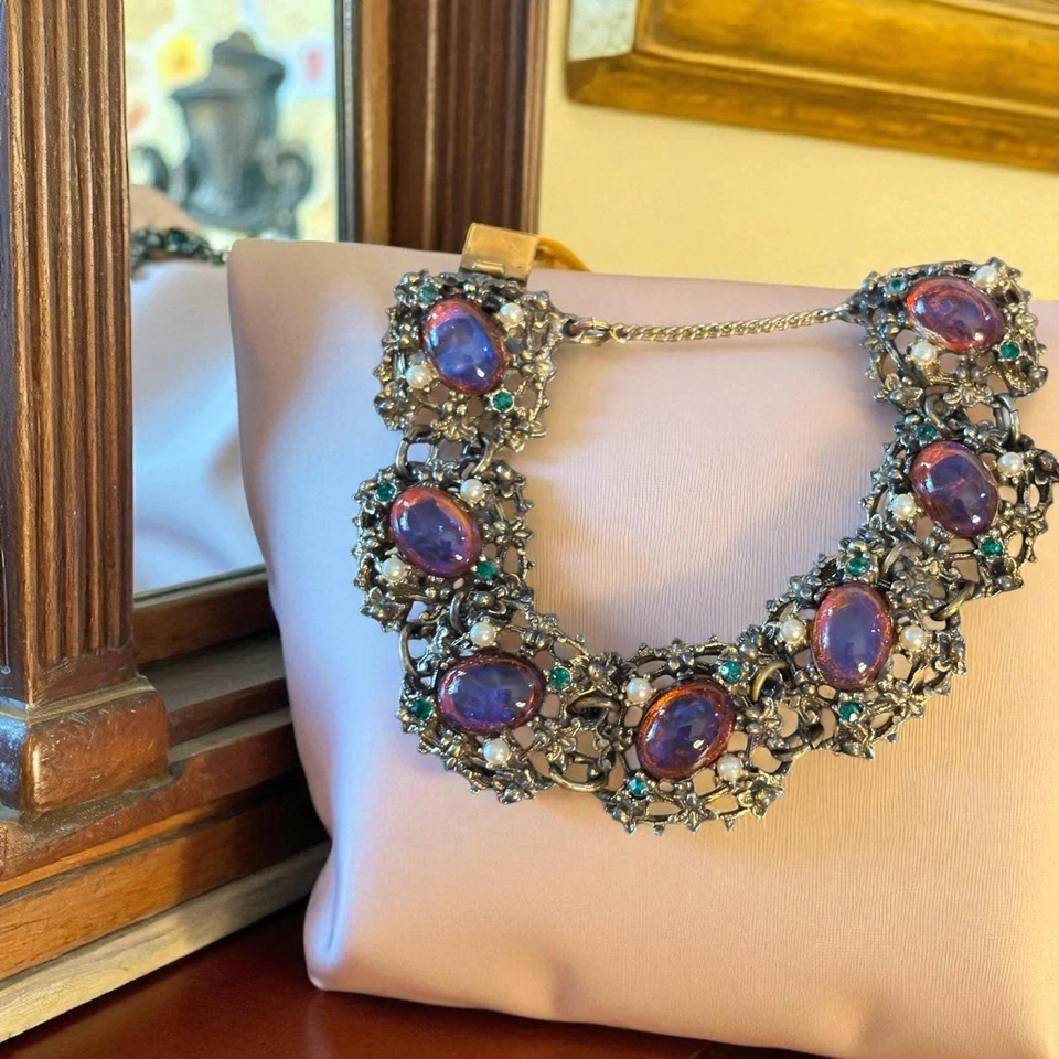 Vintage Aurora Borealis Opal & Emerald Glamour Bracelet Earrings Set - Image 1 of 4