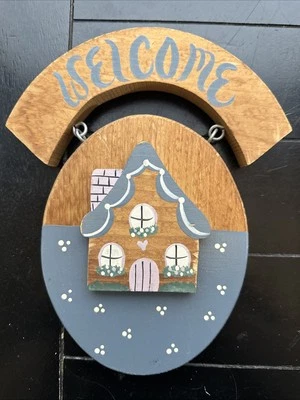 Sweet Vintage Round Cottagecore Welcome Sign Blue Painted Wood - Image 1 of 4