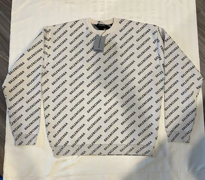 Balenciaga Knit Crewneck Sweater "MINI ALLOVER LOGO" White/Black NWT Size XL - Picture 1 of 10