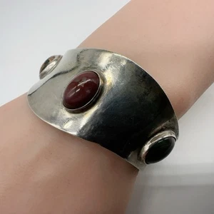 Brazalete Vintage CII México Plata Esterlina Jaspe Modernista Onda 27g #murciélago - Imagen 1 de 8