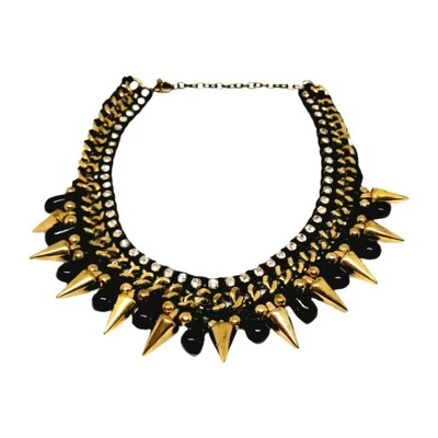 Collar Cuero Negro Latón Picos Cristal Transparente Collar De Colección Roca Raro Foto 1 de 4