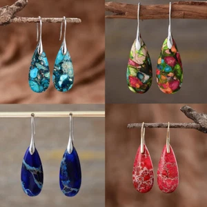 Natural Sea Sediment Jasper Stone Teardrop dangle Earrings Multicolor Gemstone# - Picture 1 of 17
