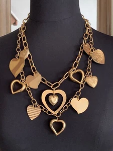Interesting French Vintage Designer Necklace - Heart Shapes cut in gilt metal - Picture 1 of 9