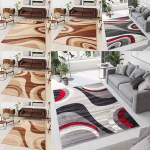 Alfombra de salón de pelo corto patrón de olas modernas beige gris melado ecotex - Imagen 1 de 44