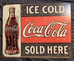 Coca Cola Coke Ice Cold Sold Here Advertising Vintage Retro Decor Metal Tin Sign - Picture 1 of 3