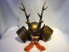 Japanese Vintage Iron Samurai Kabuto Helmet ornament old Deer horn