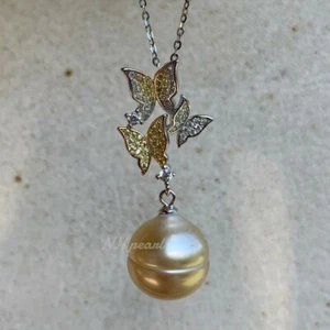 18k Gold Pretty Butterfly Pendant Genuine Real Southsea Pearl 13mm Chain Jewelry - Picture 1 of 5