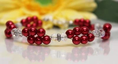 Glass Jewels Silber XL Armband Perlen Rot Boho Zweireihig Länge 21,5 cm#GA041 - Bild 1 von 3