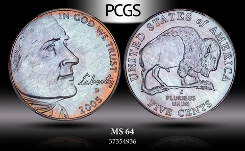 2005-D JEFFERSON NICKEL BISON PCGS MS64 BLUE TONING Cover