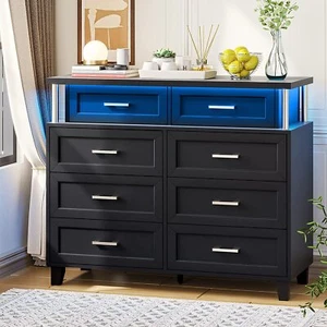 Dresser for Bedroom with LED Light Modern Chest of Drawers Wood Black Dresser - Picture 1 of 16