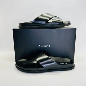 Sandali Alfani uomo neri bianchi slide taglia 11M ecopelle casual slip on - Foto 1 di 13
