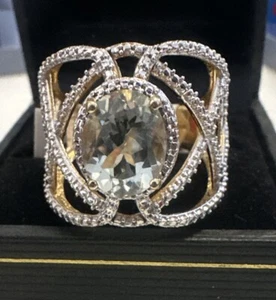 Costume Goldtone and Silvertone Single Clear Glass Stone Ring Size 8 - Picture 1 of 2