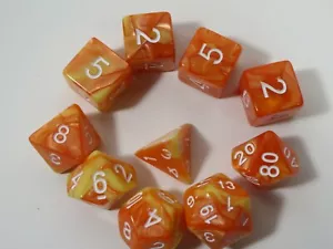 NUEVO RPG Dados 10 piezas - Naranja Torcido-Amarillo - 1 @ D4 D8 D10 D12 D20 D00-10 y 4 D6 - Imagen 1 de 3