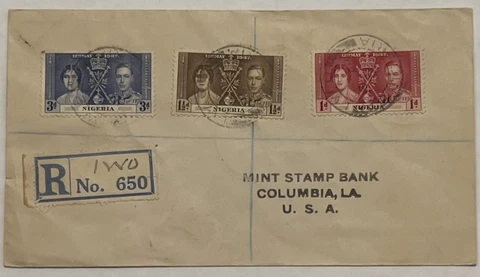 1937 NIGERIA BRITISH CORONATION COVER WITH 3 STAMPS SET SON CANCELS BACKSTAMPED Cover