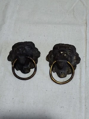 Tiradores de cajón antiguos de bronce CABEZA DE LEÓN con anillos de tracción D7 Foto 1 de 4