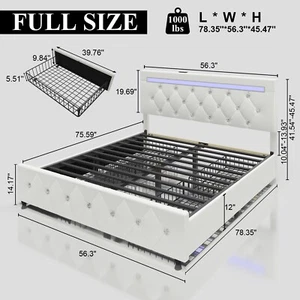 Full Queen Bed Frame with 4 Drawers and Adjustable Diamond Tufted Headboard - Picture 1 of 12