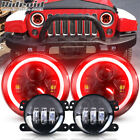 7" Red Halo LED Headlight 4" Fog Lights Combo Kit For Jeep Wrangler JK JKU 07-17