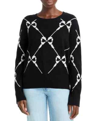 Aqua Bow Intarsia 羊绒毛衣女式 S 码黑色/白色圆领长袖 — 第 1/4 张图片