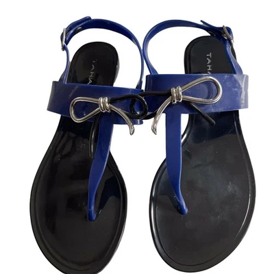 Tahari Womens Size 6 Blue & Black Jelly Sandals With Silver Bow Strap Detail - Image 1 of 4