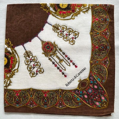 VTG Handkerchief Cotton Golden Fan Embellish Border Gem Gold Jewelry Scarf 19" - Image 1 of 3