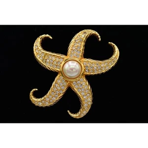 Spilla Christian Dior vintage stella marina strass cristallo perla firmata BinJ - Foto 1 di 12