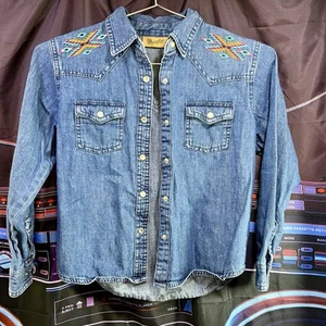 WRANGLER Embroidered Pearl Snap Denim LS Shirt Girls Size L - Picture 1 of 8