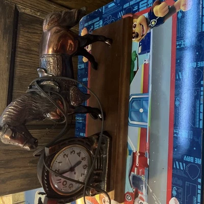 Vintage Clock With Horse On Wooden Stand - Image 1 of 4