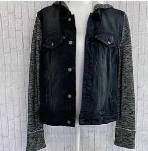 Schwarze Nieten Jacke Jeansstoff abnehmbare Kapuze distressed schwarz grau Gr. XL - Bild 1 von 14