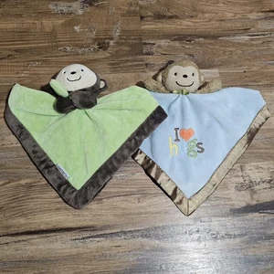 2 Carters Monkey Baby Loveys Blue & Green Boys Plush Toy Security Blankets Lot - Picture 1 of 9