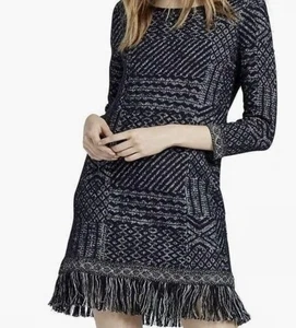 Lucky Brand Fransen Jacquard Mini Pullover Kleid Langarm Navy Gr. L Neu mit Etikett - Bild 1 von 12